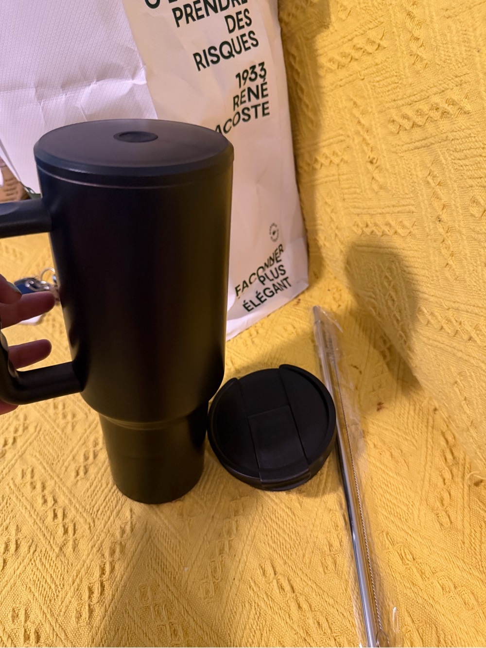 Lacoste Black and Silver Insulated Travel Mug with Handle